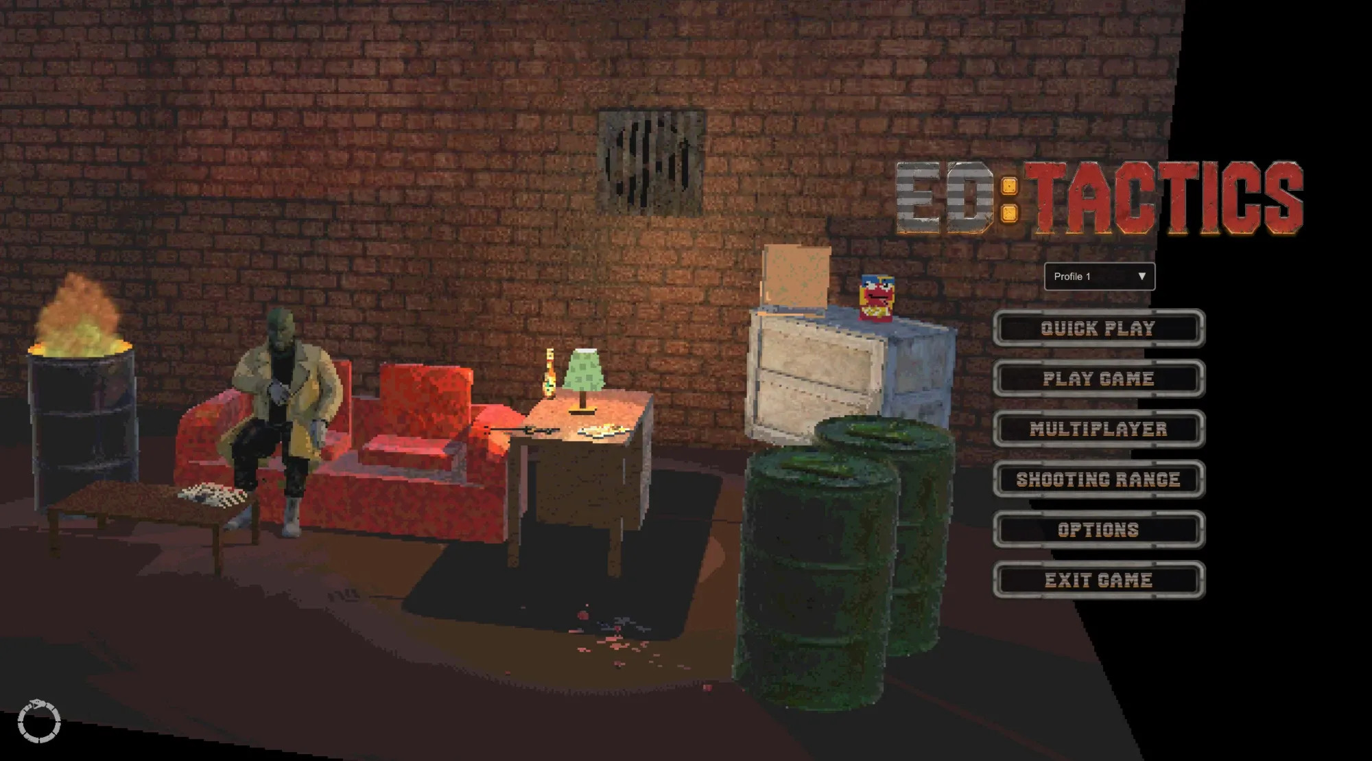 The new main menu: a merc on the sofa, the buttons on the right