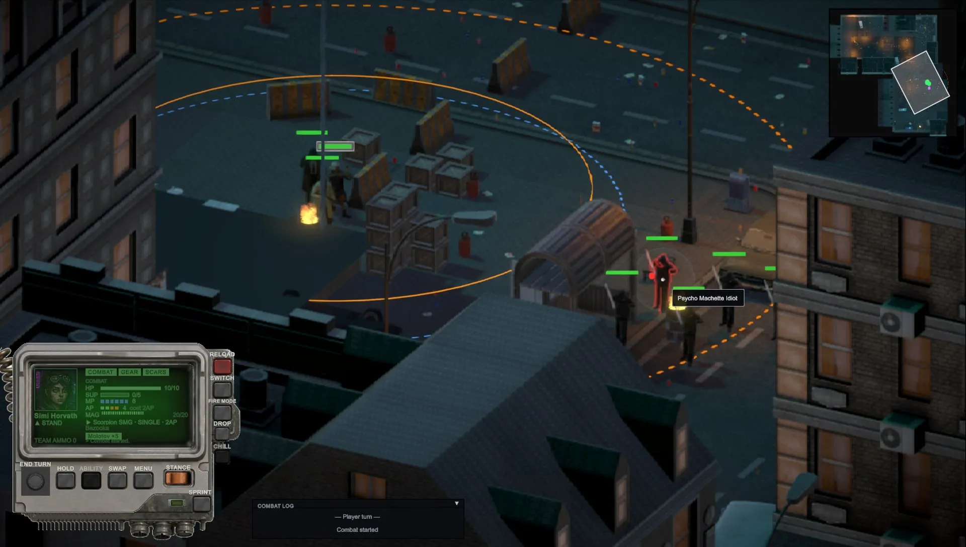Simi Horvath takes aim at a Psycho Machette Idiot; the orange ring marks her weapon range.