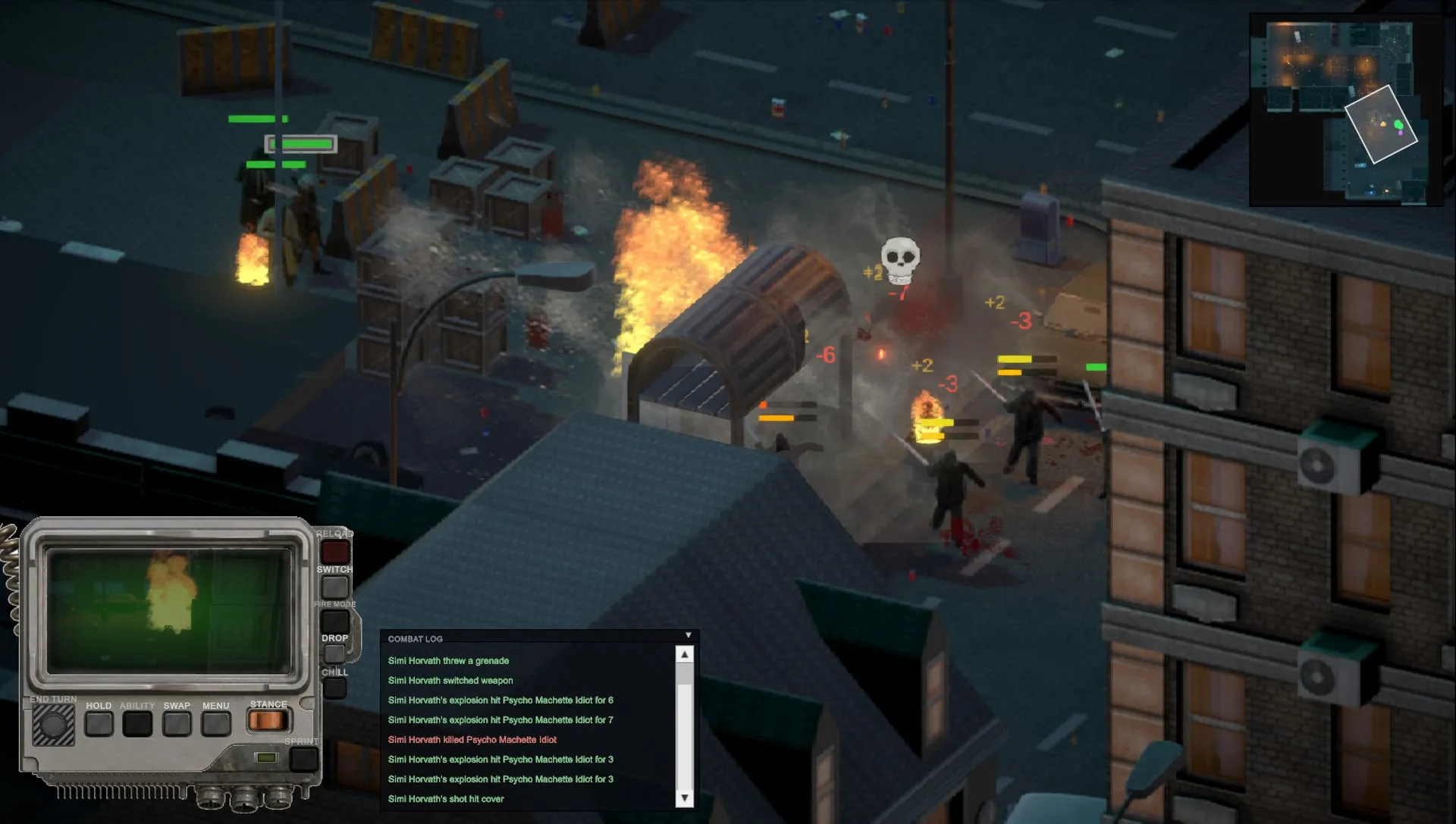 A bazooka round tears into a machete gang; the TitBoy screen replays the blast while the combat log counts the hits.