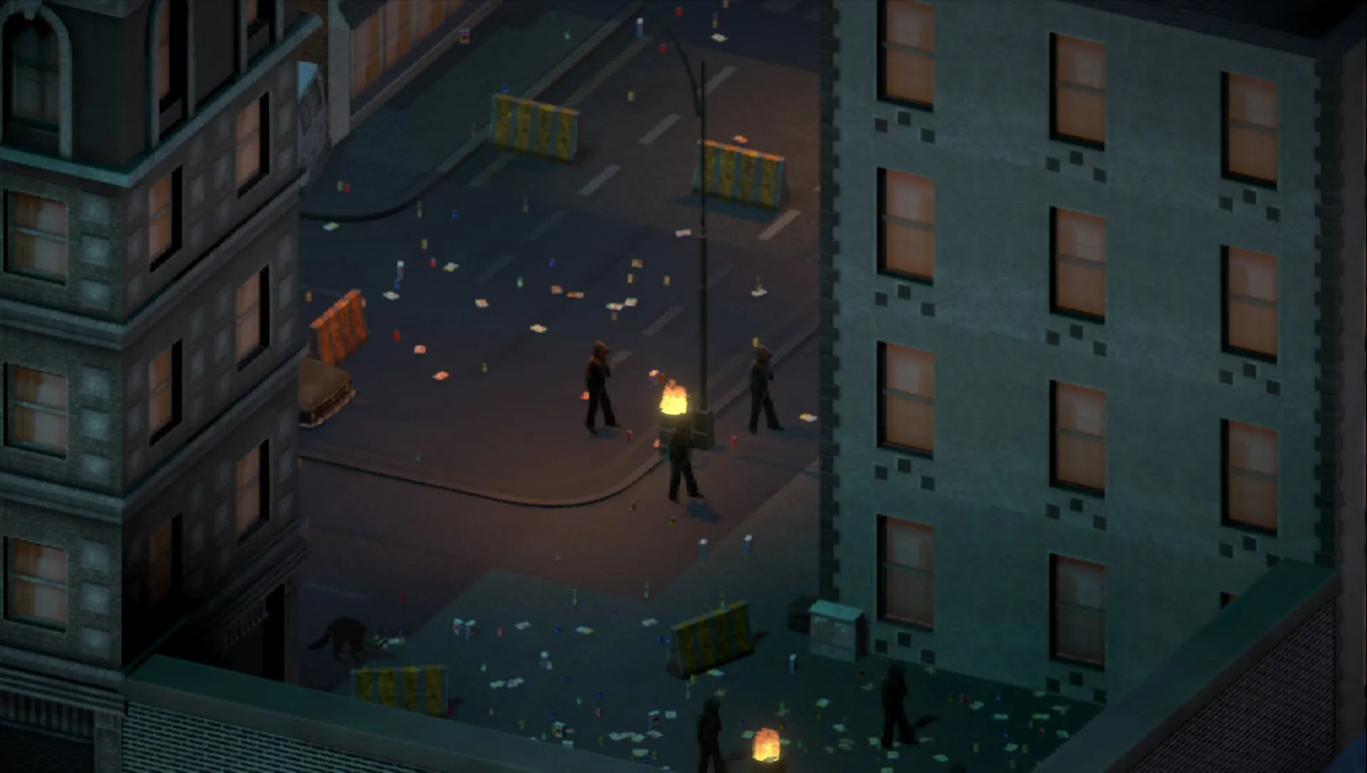 A night courtyard in Brno: a gang gathers around a burning barrel while a raccoon scavenges in the corner.
