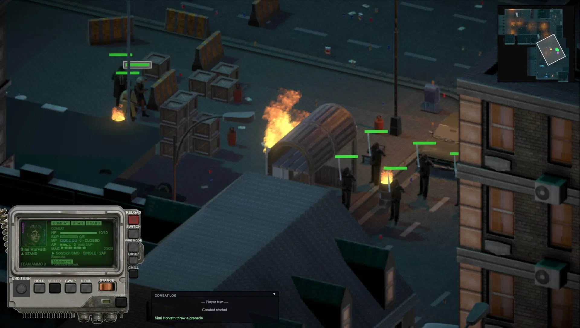 A Molotov cocktail sets the bus stop ablaze next to the gang.