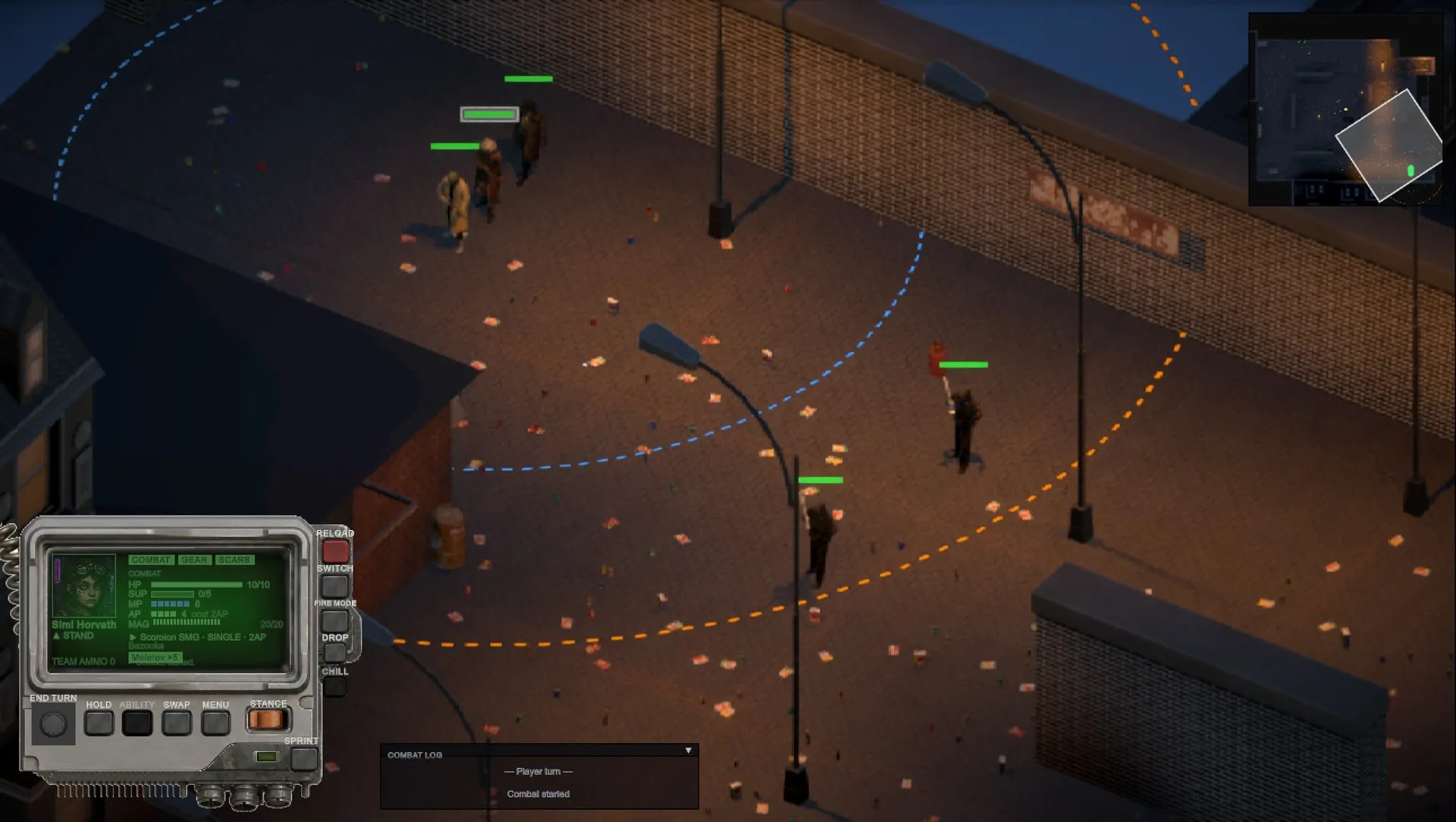 A combat turn: movement and sprint ranges drawn around the squad as the gang closes in.