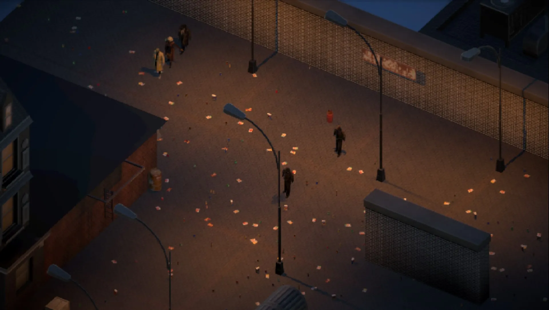 The squad walks a lamp-lit street towards two machete-wielding thugs.