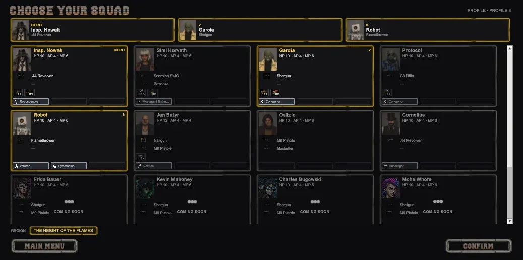 Choosing a squad from dossier cards